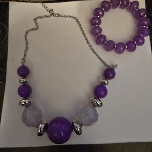 Purple and Silver Beaded Necklace and Bracelet Set